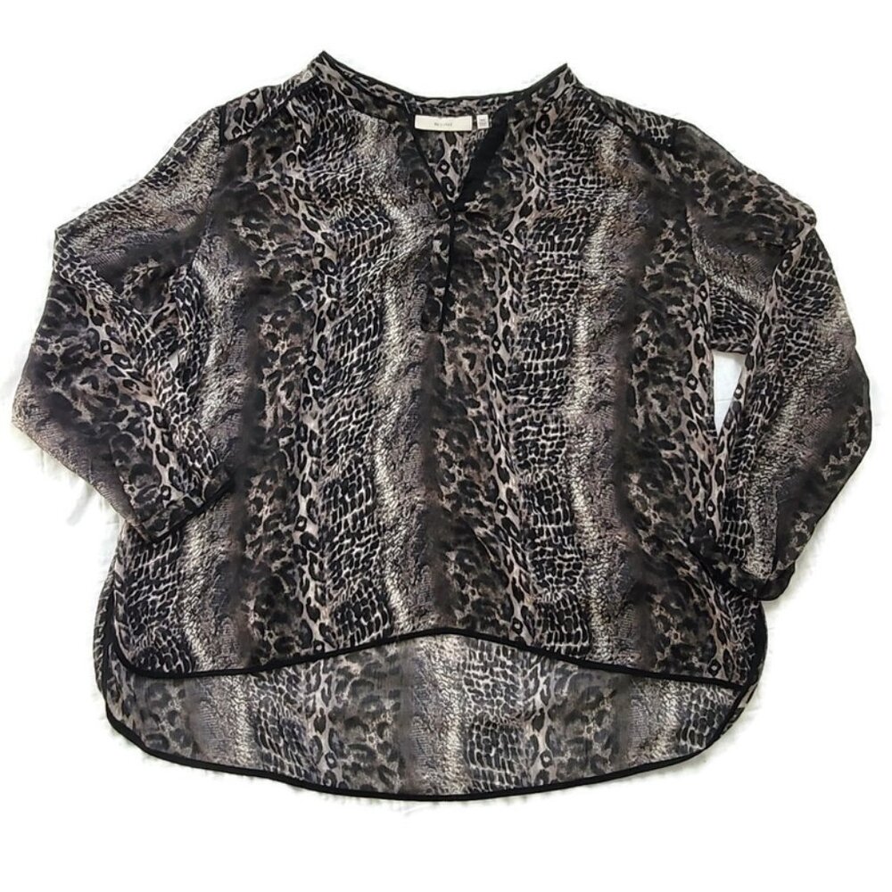 Sejour Animal Print Chiffon Blouse Pullover Sheer Black Trim V Neck 18W